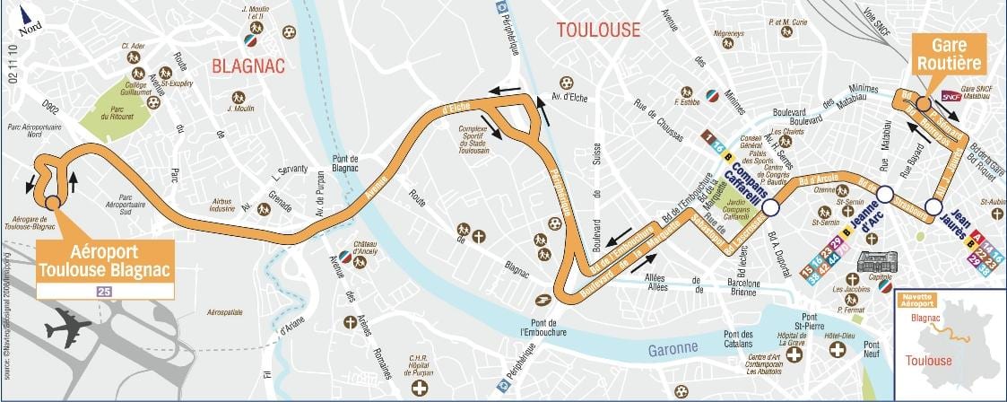 mapa Toulouse aerodrom šatl rutu 
